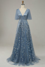 Grey Blue A LIne Tulle Embroidered Leaves Ball Dress