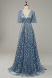 Grey Blue A LIne Tulle Embroidered Leaves Ball Dress