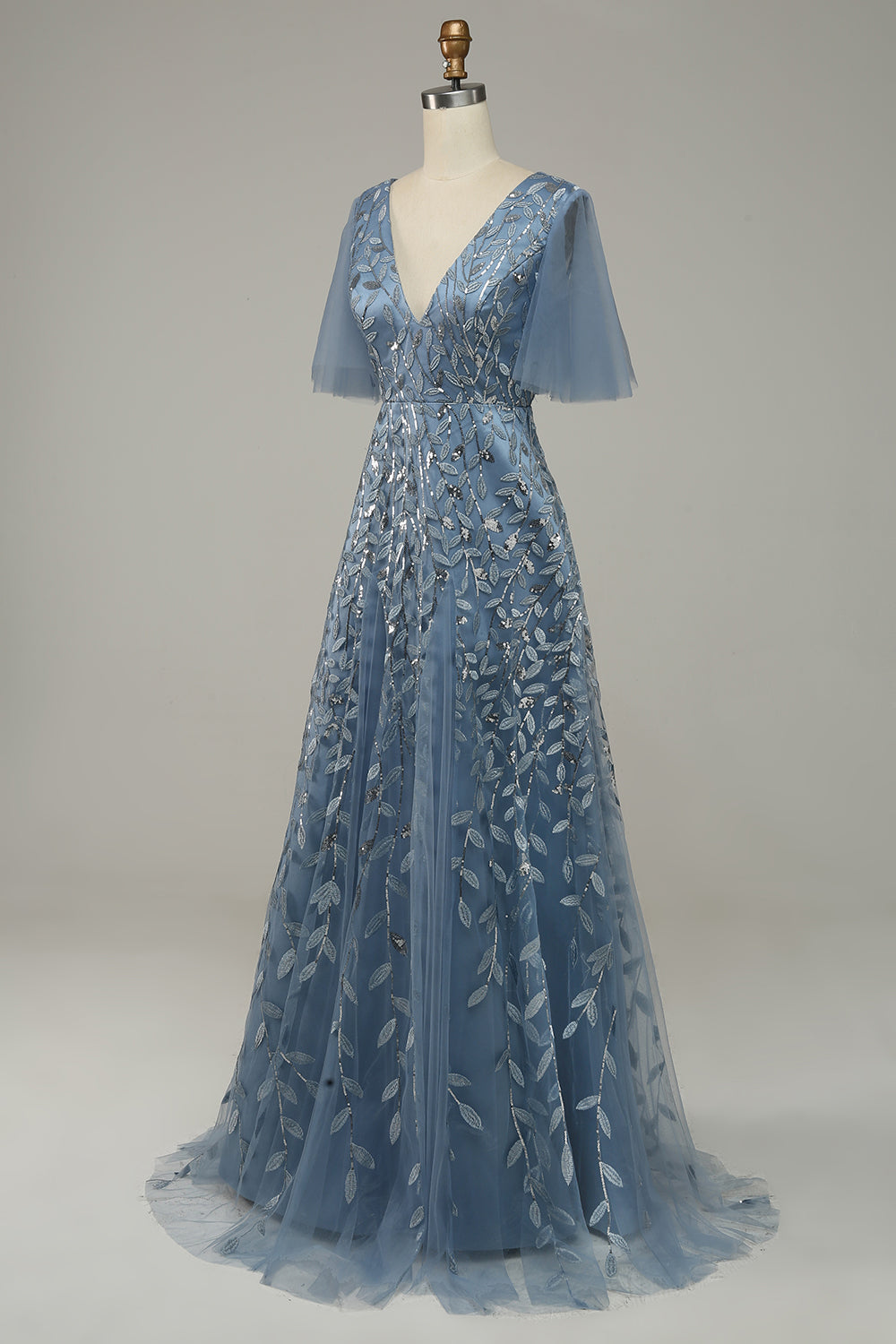 Grey Blue A LIne Tulle Embroidered Leaves Ball Dress