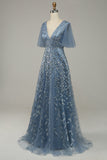 Grey Blue A LIne Tulle Embroidered Leaves Ball Dress
