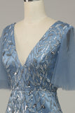 Grey Blue A LIne Tulle Embroidered Leaves Ball Dress