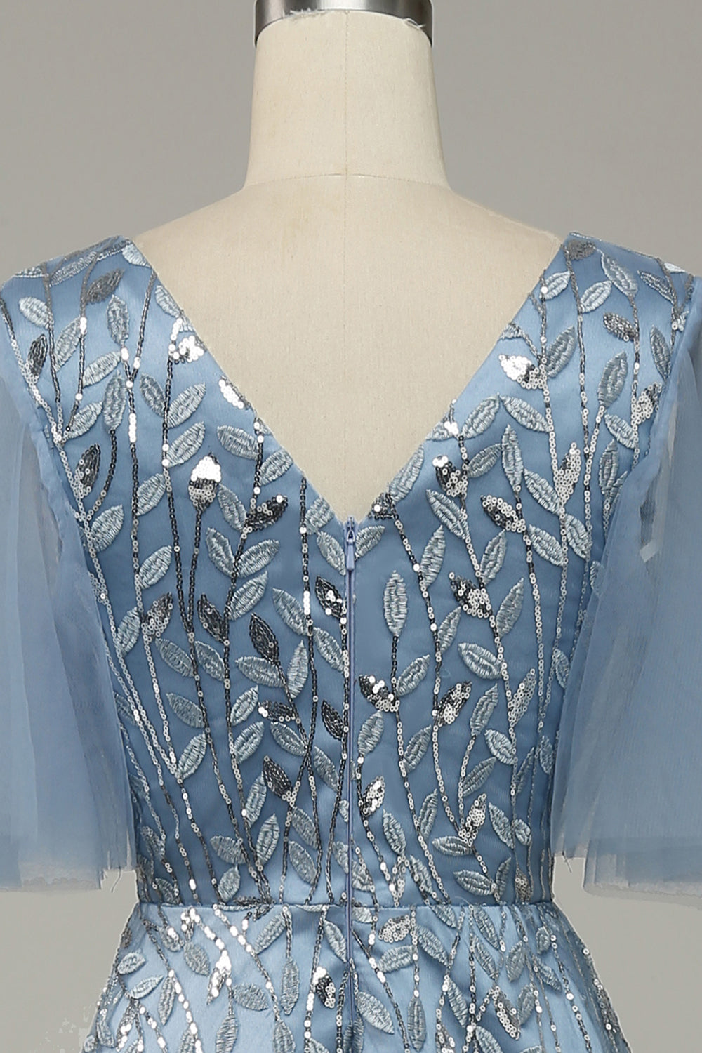 Grey Blue A LIne Tulle Embroidered Leaves Ball Dress