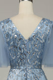 Grey Blue A LIne Tulle Embroidered Leaves Ball Dress