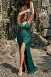 Mermaid Spaghetti Straps Dark Green Sequins Plus Size Ball Dress with Split Front