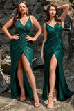 Mermaid Spaghetti Straps Dark Green Sequins Plus Size Ball Dress with Split Front