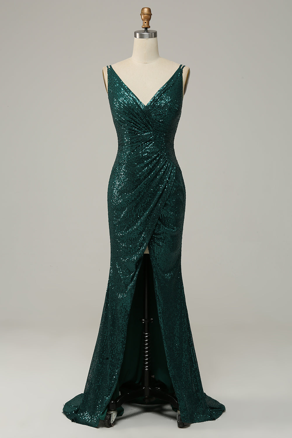 Dark Green A Line Sequined Spaghetti Straps Ball Dress With Slit