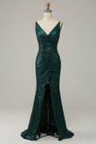 Dark Green A Line Sequined Spaghetti Straps Ball Dress With Slit