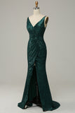 Dark Green A Line Sequined Spaghetti Straps Ball Dress With Slit