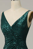 Dark Green A Line Sequined Spaghetti Straps Ball Dress With Slit