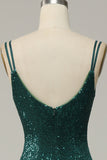 Dark Green A Line Sequined Spaghetti Straps Ball Dress With Slit