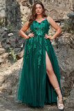 A Line Spaghetti Straps Dark Green Long Ball Dress with Appliques