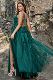 A Line Spaghetti Straps Dark Green Long Ball Dress with Appliques