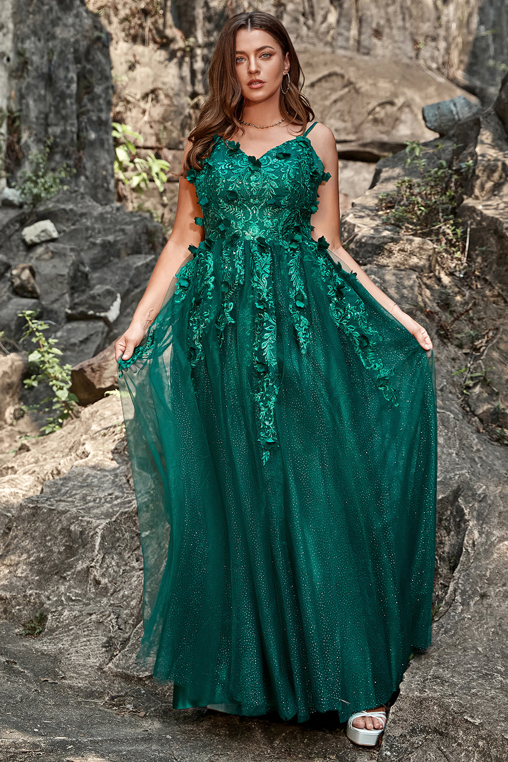 A Line Spaghetti Straps Dark Green Long Ball Dress with Appliques