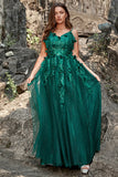 A Line Spaghetti Straps Dark Green Long Ball Dress with Appliques
