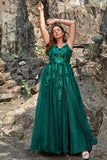 A Line Spaghetti Straps Dark Green Long Ball Dress with Appliques