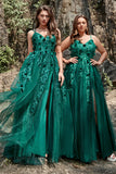 A Line Spaghetti Straps Dark Green Long Ball Dress with Appliques
