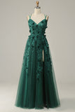 Dark Green A Line Floor Length Tulle Ball Dress with Slit