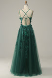 Dark Green A Line Floor Length Tulle Ball Dress with Slit