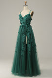 Dark Green A Line Floor Length Tulle Ball Dress with Slit