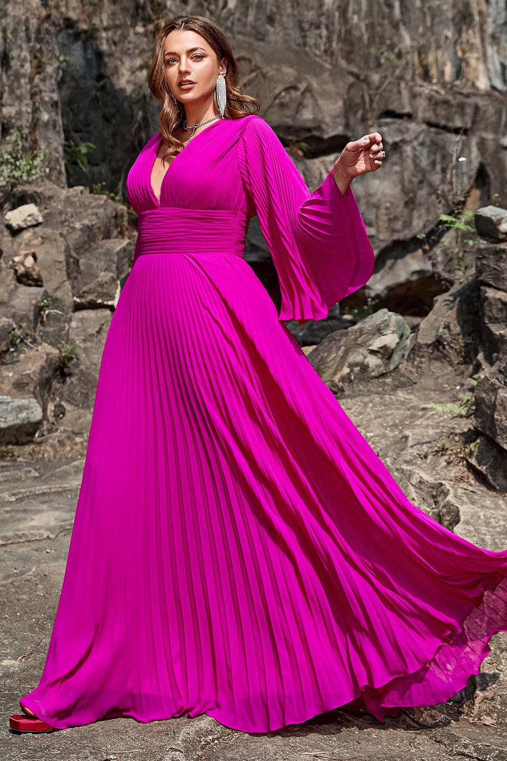 A Line Deep V Neck Dark Fuchsia Plus Size Ball Dress with Long Sleeves