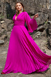 A Line Deep V Neck Dark Fuchsia Plus Size Ball Dress with Long Sleeves