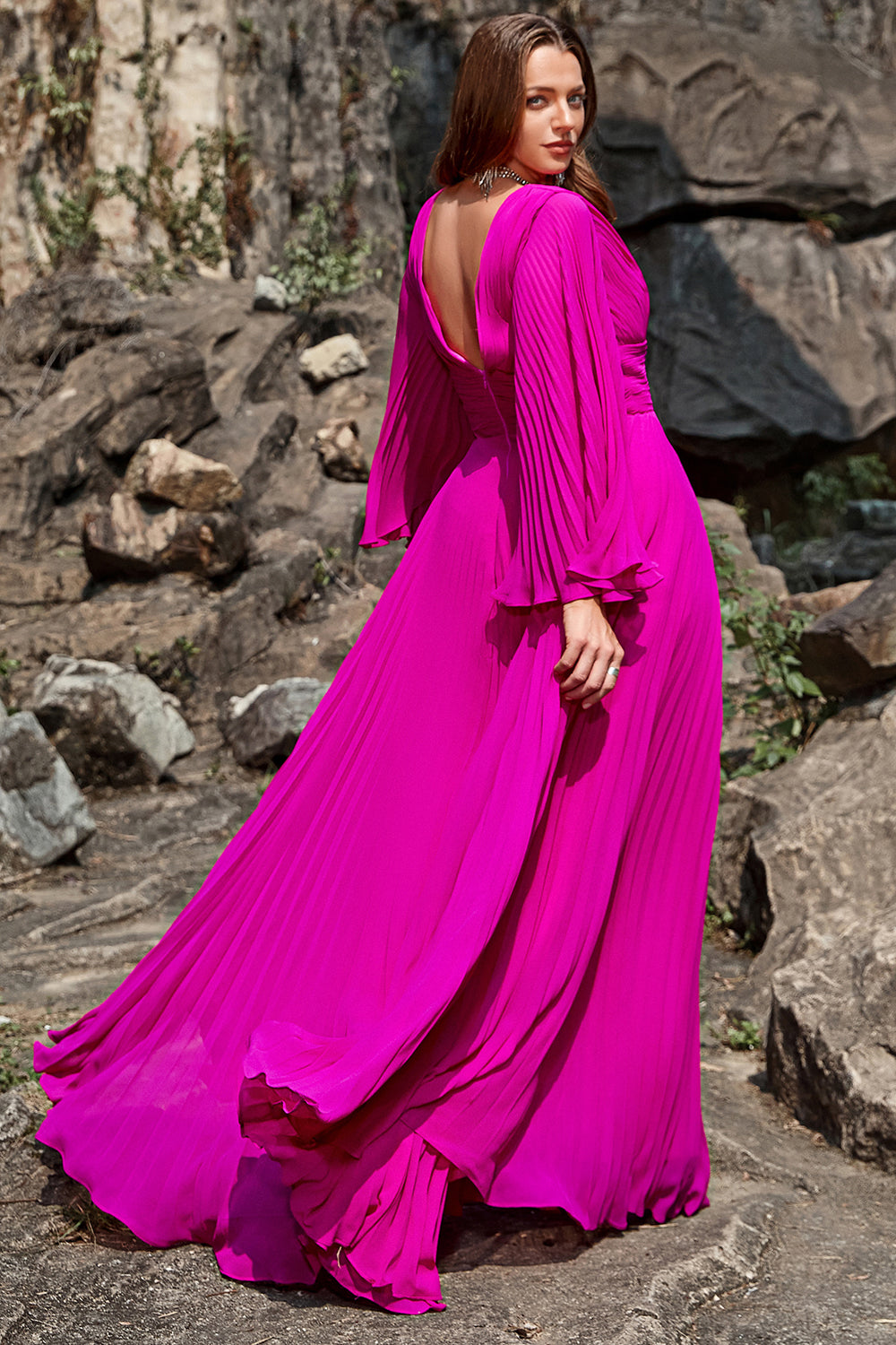 A Line Deep V Neck Dark Fuchsia Plus Size Ball Dress with Long Sleeves