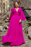 A Line Deep V Neck Dark Fuchsia Plus Size Ball Dress with Long Sleeves