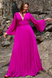 A Line Deep V Neck Dark Fuchsia Plus Size Ball Dress with Long Sleeves