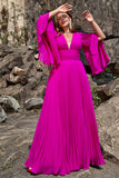 A Line Deep V Neck Dark Fuchsia Plus Size Ball Dress with Long Sleeves