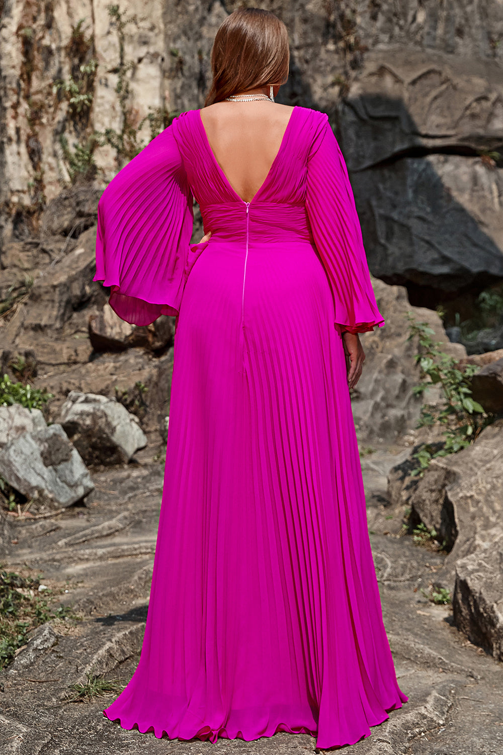 A Line Deep V Neck Dark Fuchsia Plus Size Ball Dress with Long Sleeves