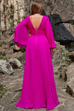 A Line Deep V Neck Dark Fuchsia Plus Size Ball Dress with Long Sleeves
