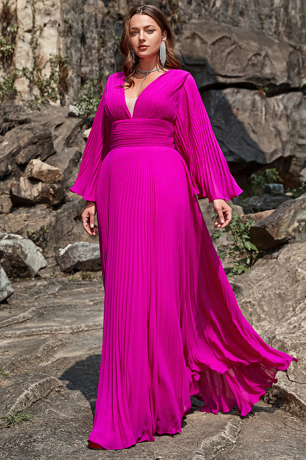 A Line Deep V Neck Dark Fuchsia Plus Size Ball Dress with Long Sleeves