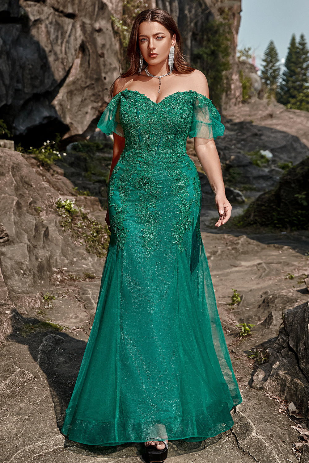 Mermaid Off the Shoulder Dark Green Plus Size Ball Dress with Appliques