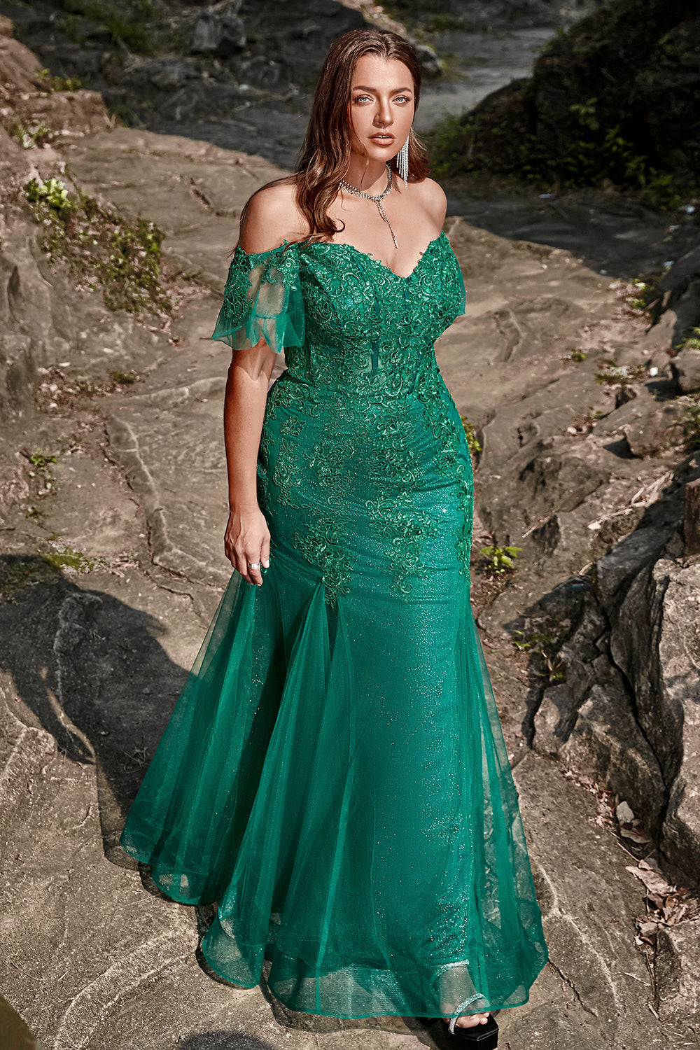Mermaid Off the Shoulder Dark Green Plus Size Ball Dress with Appliques