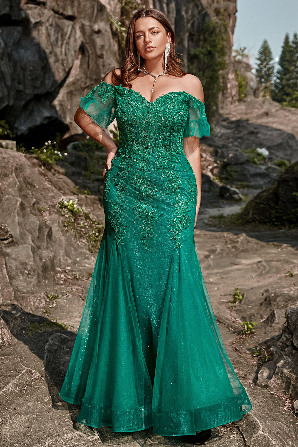 Mermaid Off the Shoulder Dark Green Plus Size Ball Dress with Appliques