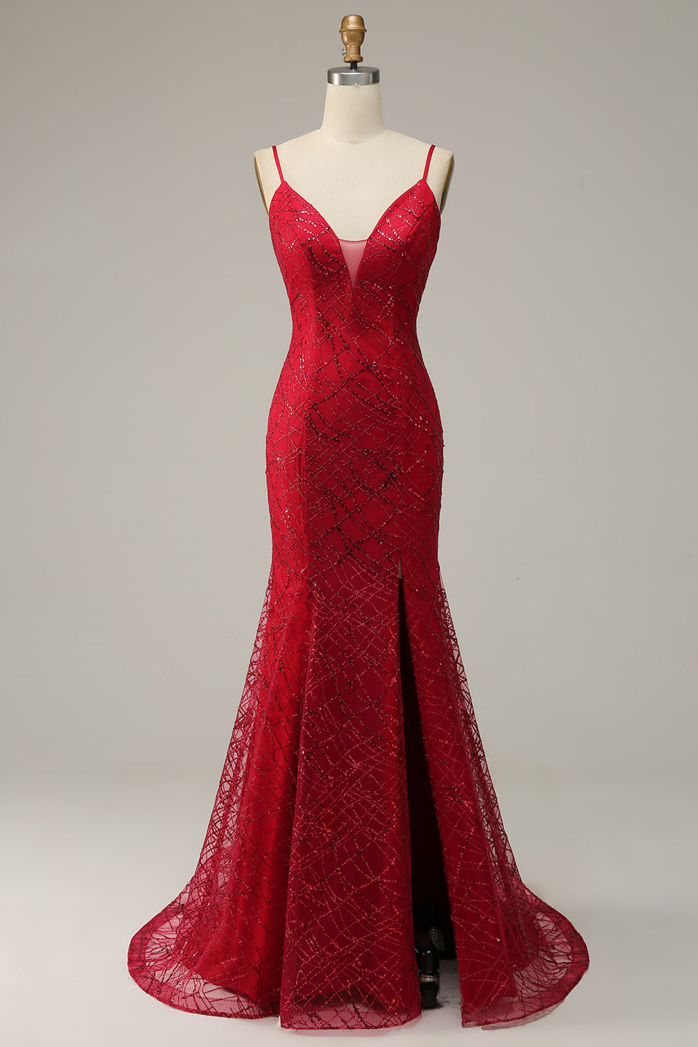 Dark Red Spaghetti Straps Mermaid Ball Dress with Slit