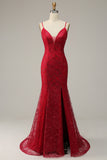Dark Red Spaghetti Straps Mermaid Ball Dress with Slit