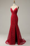 Dark Red Spaghetti Straps Mermaid Ball Dress with Slit