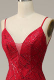 Dark Red Spaghetti Straps Mermaid Ball Dress with Slit