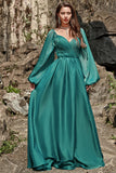 A Line Sweetheart Dark Green Long Ball Dress with Long Sleeves