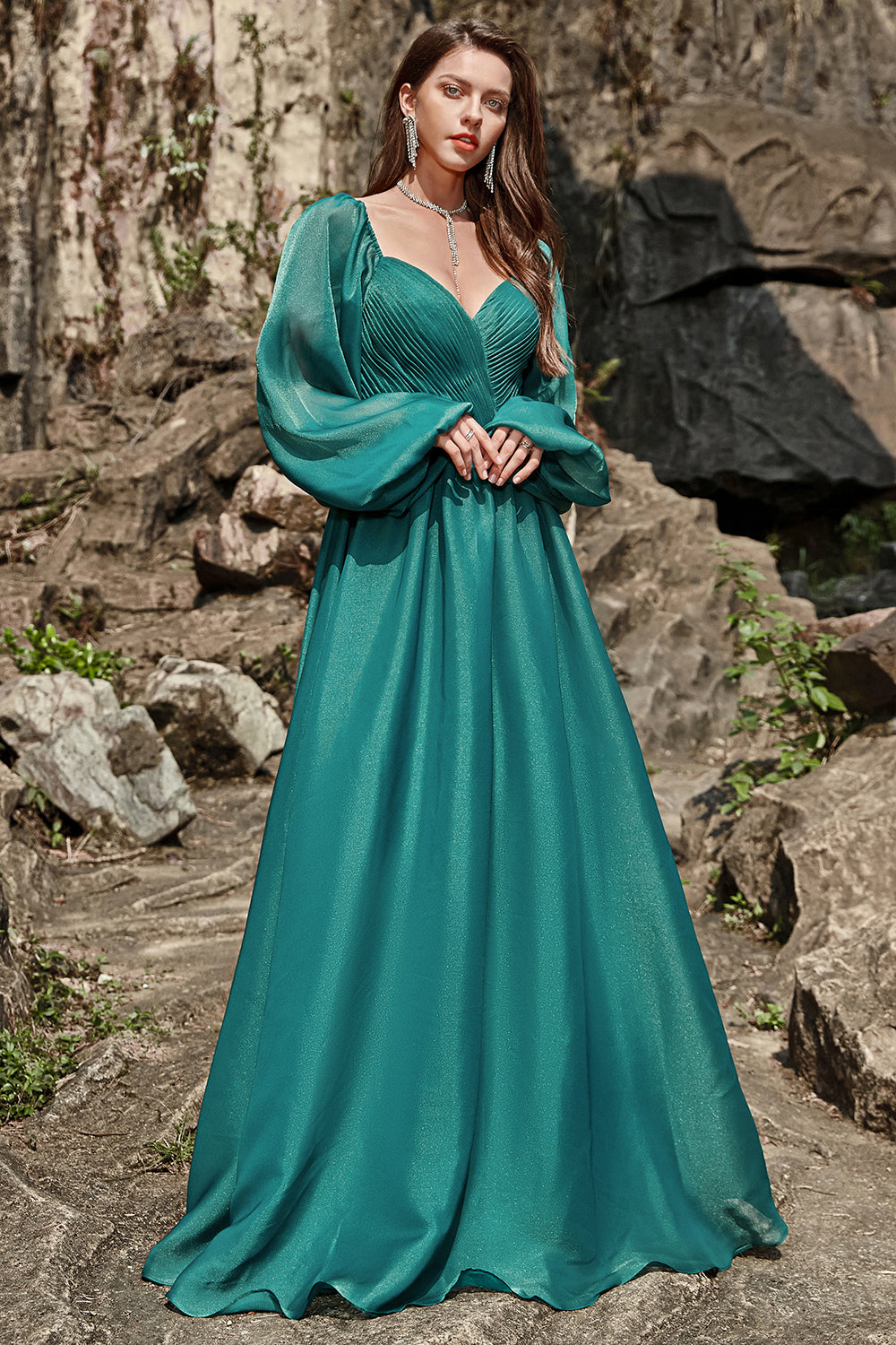 A Line Sweetheart Dark Green Long Ball Dress with Long Sleeves