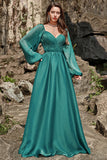 A Line Sweetheart Dark Green Long Ball Dress with Long Sleeves