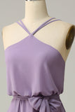 A Line Halter Purple Long Formal Party Dress with Bowknot