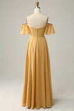 A Line Off the Shoulder Yellow Flower Printed Plus Size Bridesmaid Dress