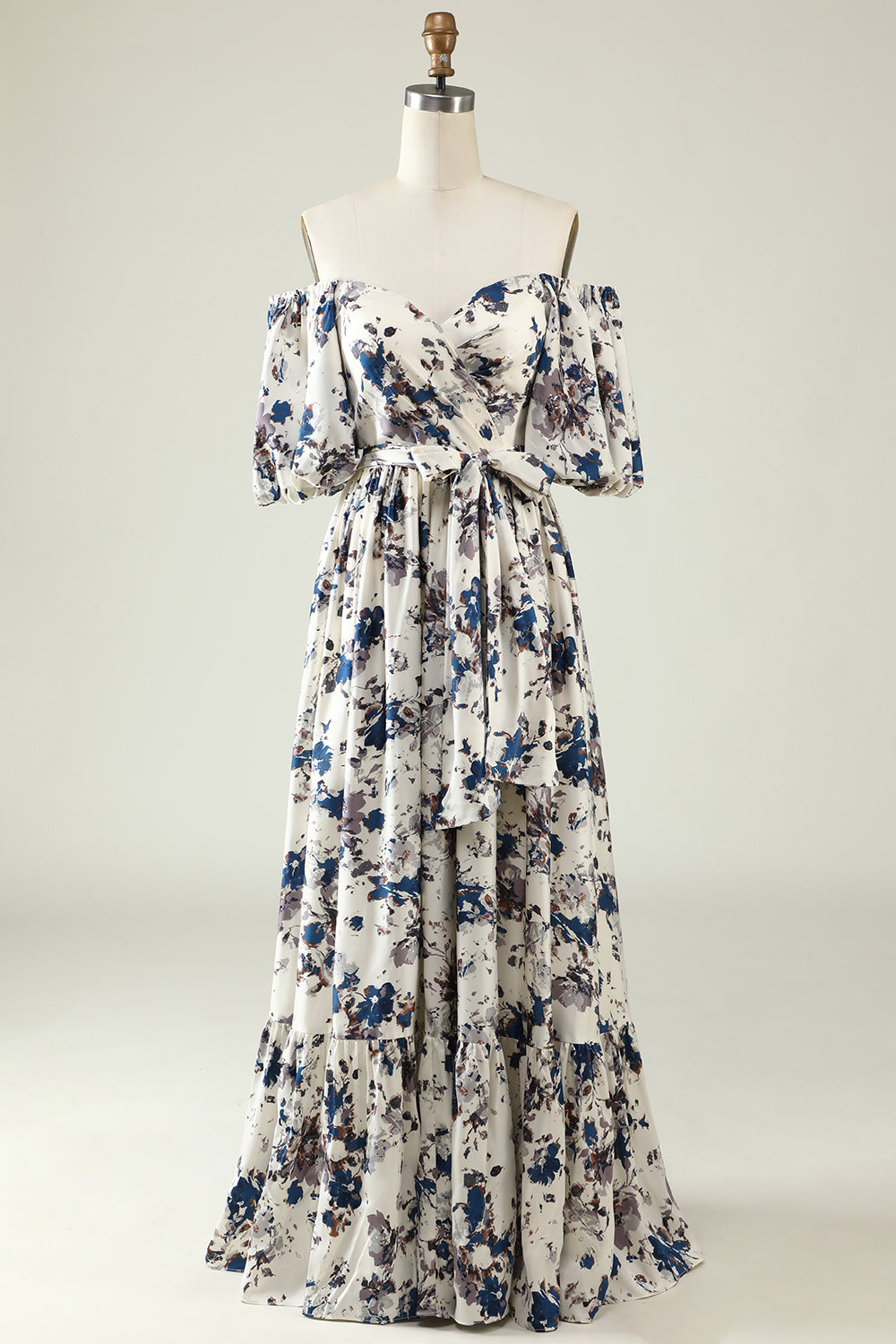 White Blue Flower A Line Floor Length Boho Bridesmaid Dress