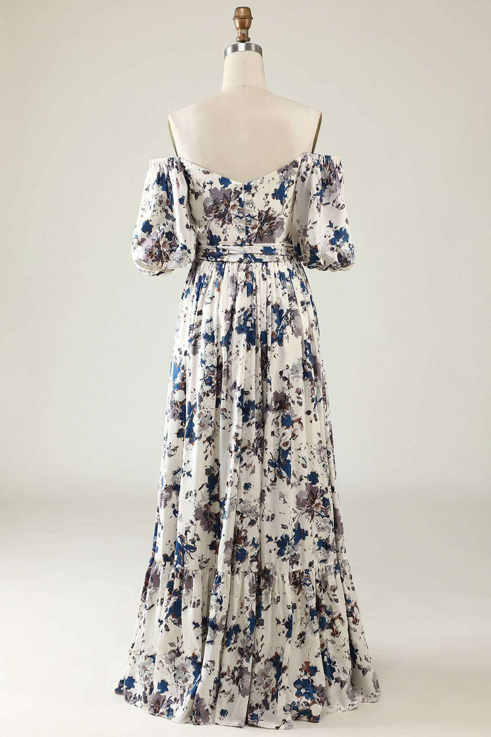 White Blue Flower A Line Floor Length Boho Bridesmaid Dress