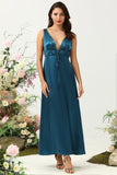 Ink Blue A Line Deep V Neck Satin Long Bridesmaid Dress