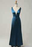 Ink Blue A Line Deep V Neck Satin Long Bridesmaid Dress