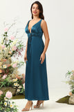 Ink Blue A Line Deep V Neck Satin Long Bridesmaid Dress
