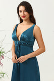 Ink Blue A Line Deep V Neck Satin Long Bridesmaid Dress